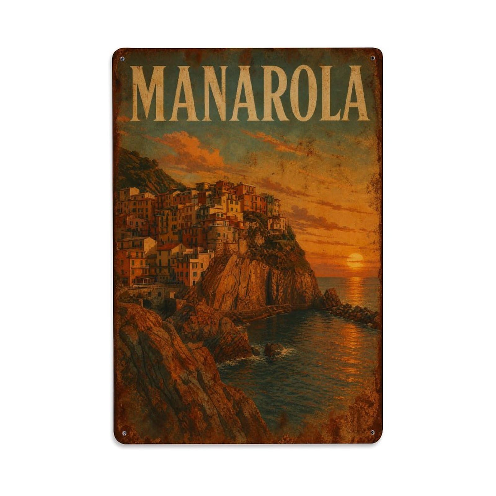 Huiyhb 8X12inch(20X30cm) Vintage Travel Manarola Coastal Cliffs Sunset Glow Italy Metal Tin Sign