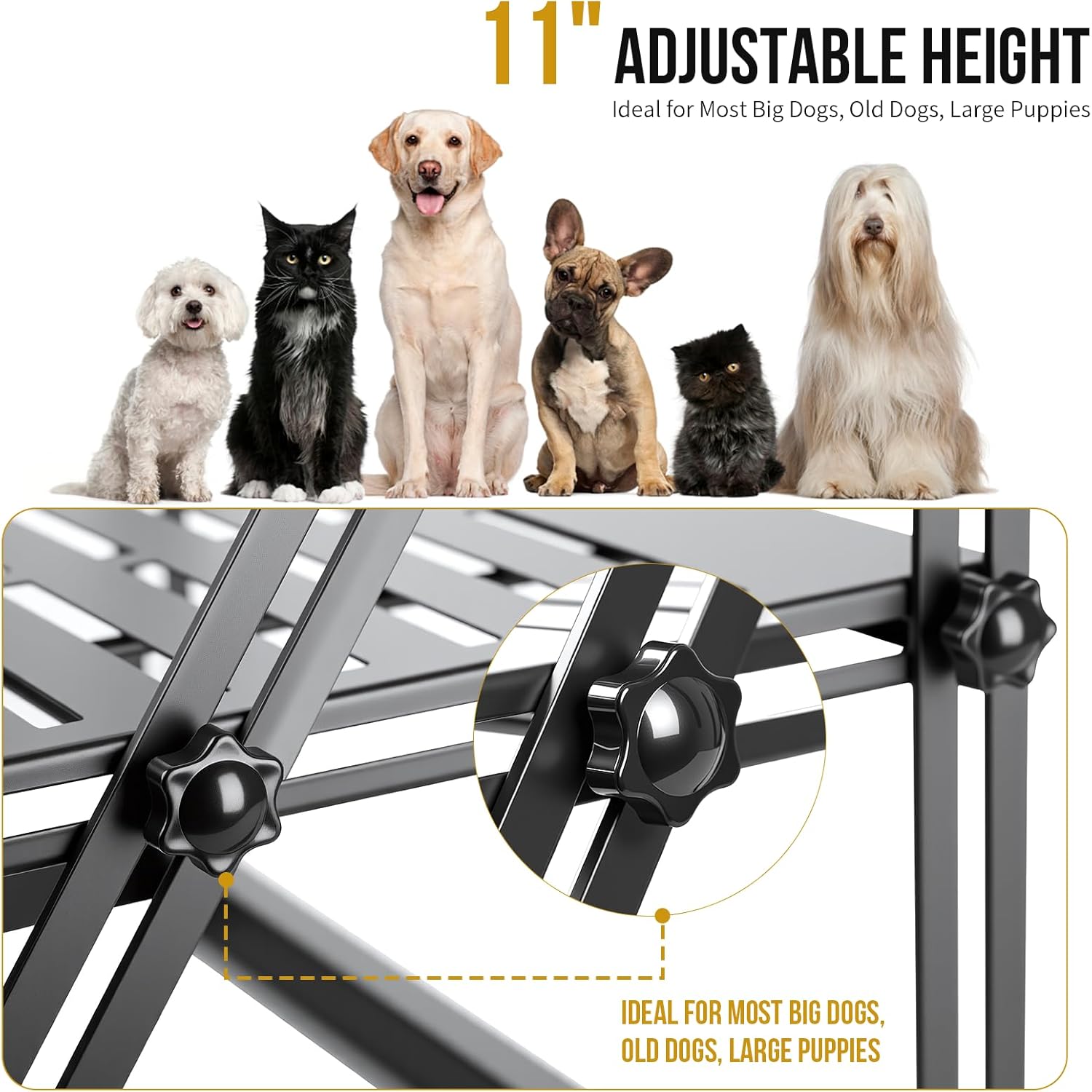 OneTigris Elevated Dog Bowl, Raised Dog Bowls for Medium Large Dogs, Adjustable Height, with Non-Slip Mat No-Spill Baffle, Height Adjustable from 2" to 11" Black (Bowls Not Included)