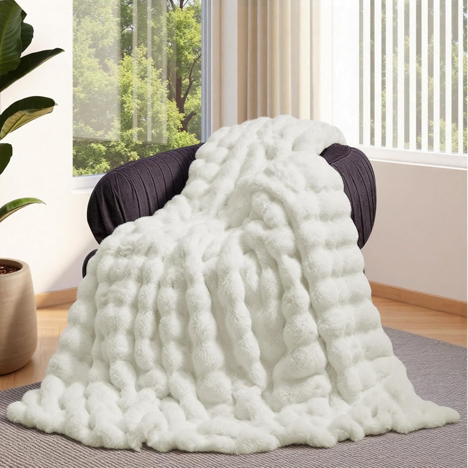 Lotus Karen Faux Fur Throw Blanket Cream White - Big Bubble Rabbit Fluff Blanket for Couch, Small Fluffy Fuzzy Cozy Blanket, Thick Furry Plush Shaggy Blankets, 50x60 Inches Cream White Throw (50" x 60")