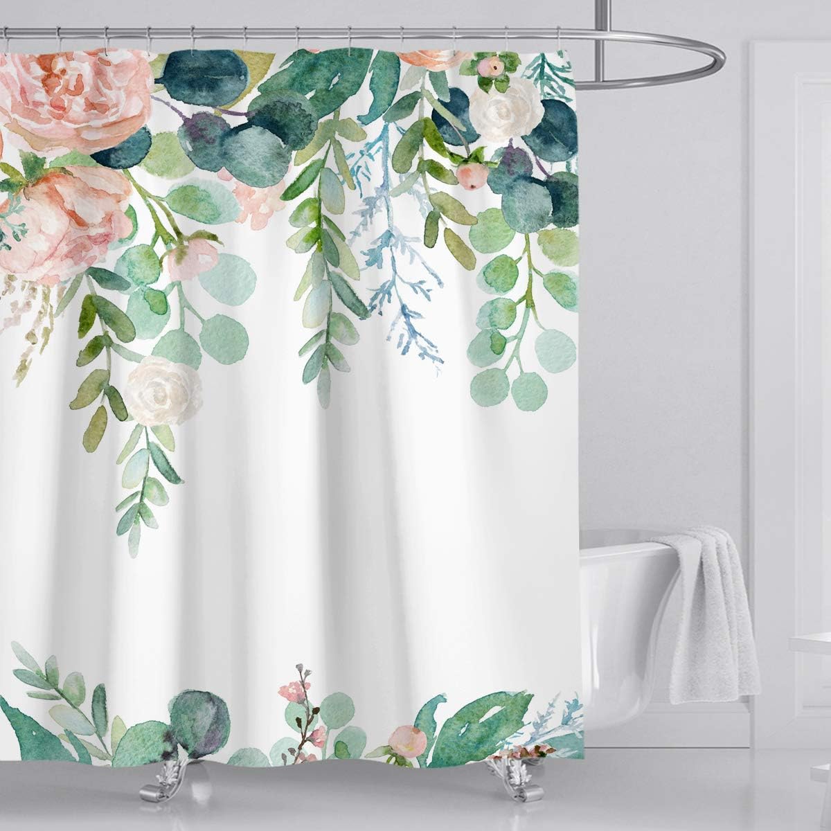 YeacunFloral Shower Curtain 72"x72", Aesthetic Blooming Flower Waterproof Shower Curtain with 12 Hooks, Pink Floral Polyester Fabric Curtains Bath Decor,Green Botanical Leaves and Flowers