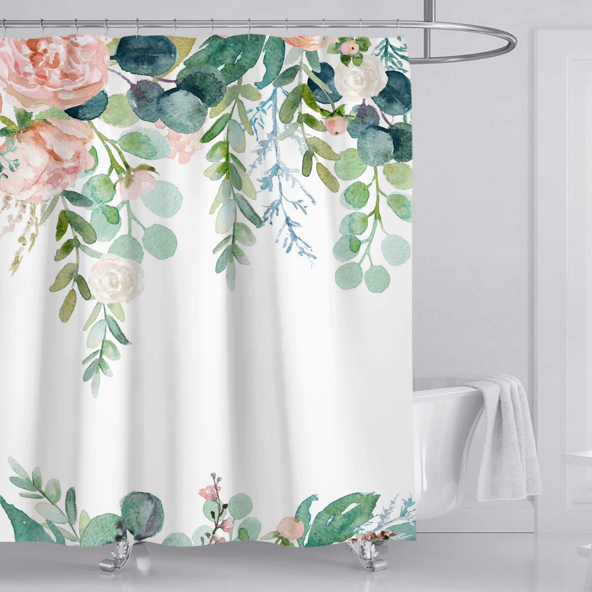 YeacunFloral Shower Curtain 72"x72", Aesthetic Blooming Flower Waterproof Shower Curtain with 12 Hooks, Pink Floral Polyester Fabric Curtains Bath Decor，Green Botanical Leaves and Flowers