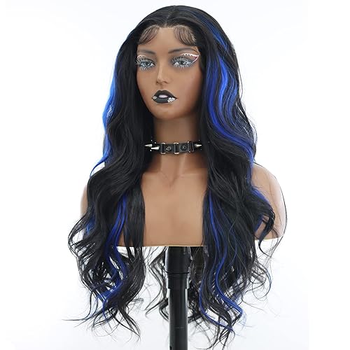 Miniatura 2 de ANDRIA Peluca rubia con encaje frontal a rayas, color negro y rubio, peluca larga ondulada sin pegamento, peluca de encaje transparente, peluca de