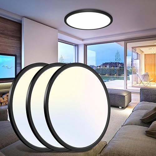 libtit Lámpara de techo negra de 16.5 pulgadas, paquete de 3 lámparas de techo grandes y brillantes de 4200 lúmenes, 36 W, 3000 K4500 K6000 K, luces