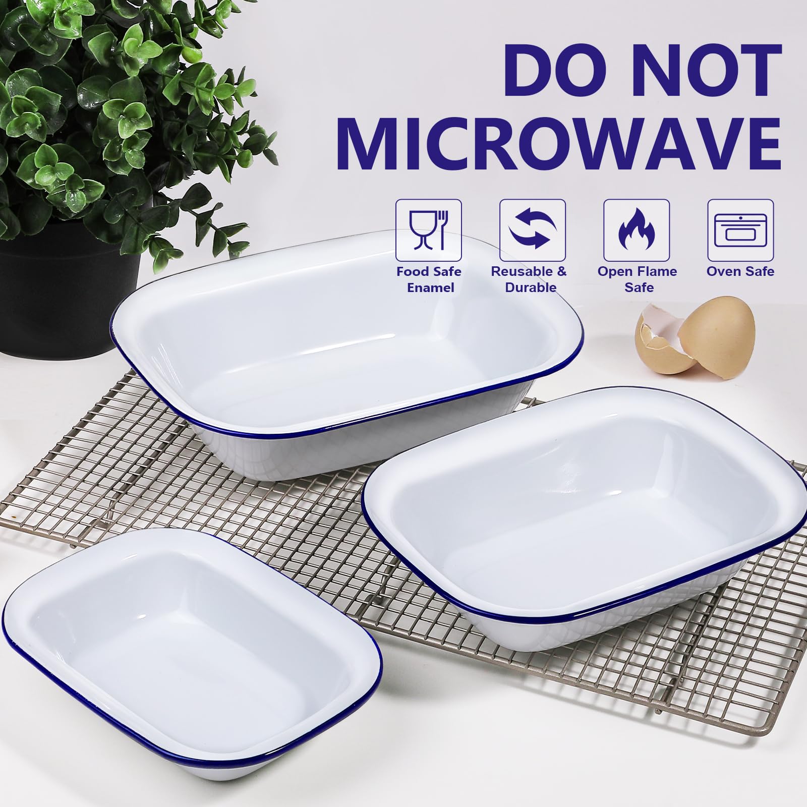 webake Enamelware Set di 3 Teglie per Arrosti, Smalto Piatto Rettangolare, Antiaderenti Scodelle Smaltate, in Ceramica, Colore: Bianco con Bordo Blu
