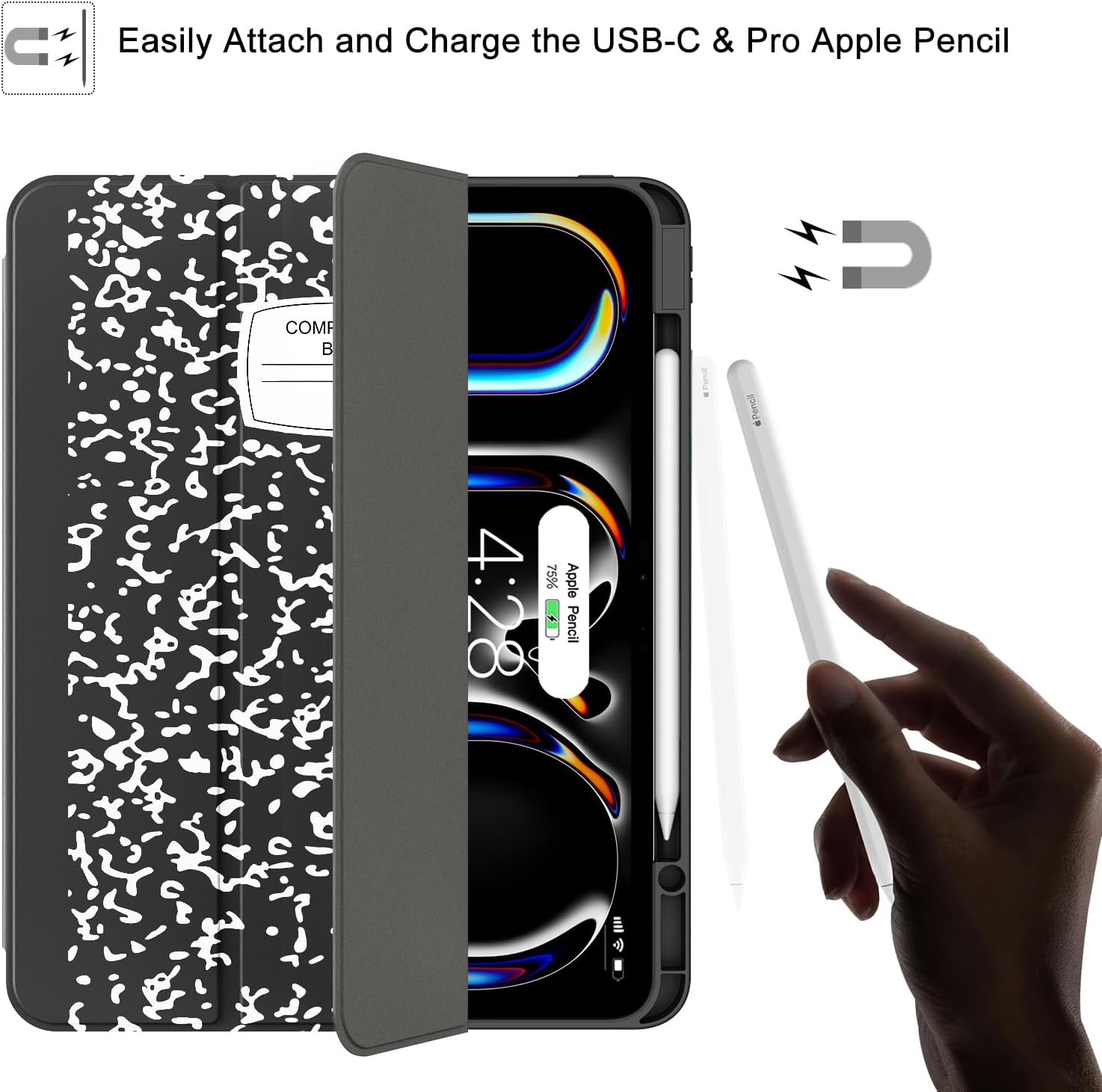Soke Case for New iPad Pro 13 Inch (M5/M4, 2025/2024 Release), with Pencil Holder Trifold Stand Shockproof [Support Apple Pencil Charging + Auto Wake/Sleep], Soft TPU Back Cover, Book Black