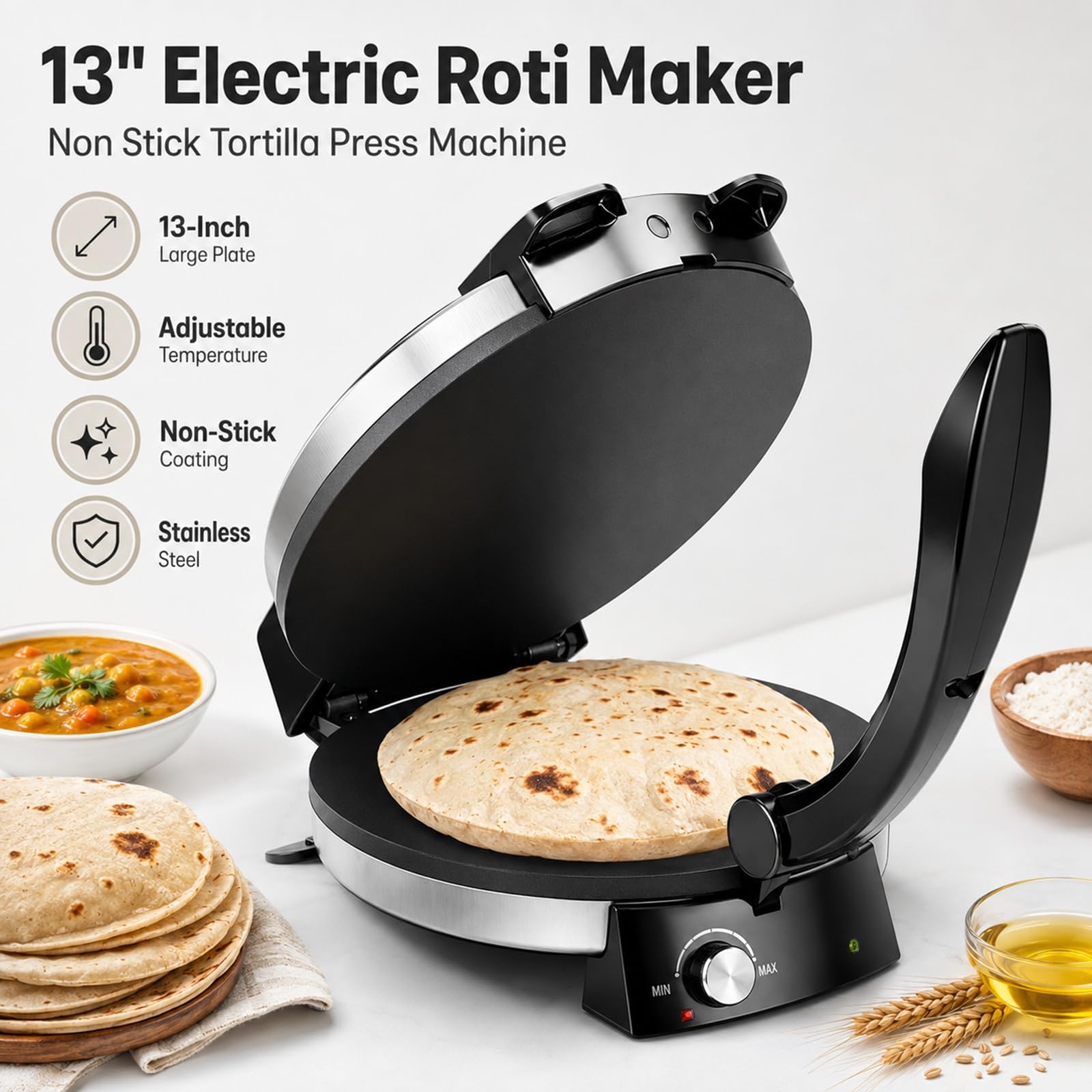 Máquina Eléctrica Roti 13", Prensa Antiadherente for Tortillas y Chapati | Máquina de Pan de Acero Inoxidable con Control de Temperatura for Auténticos Chapatis Indios y Tacos