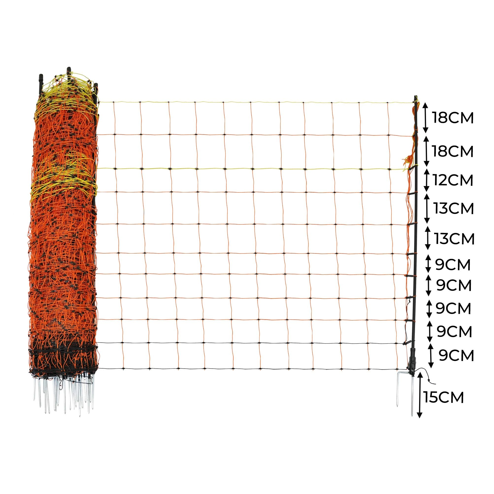 Malla Eléctrica para Aves de Corral 50m Conductora | 1.2m de Altura | Polietileno con Alambre de Acero Inoxidable | 14 Estacas Dobles + 10 Estacas de Tierra extra | Kit de Reparación INCLUÍDO