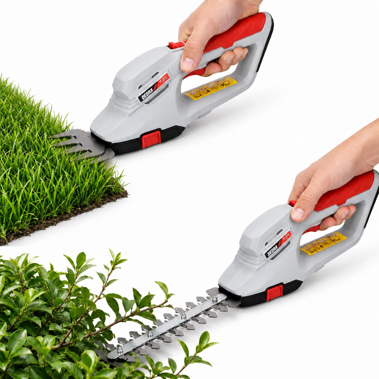 Cisaille à Gazon et Taille-haie sans Fil Dedra 7,2 V, 2 en 1, Batterie 2000 mAh, Lame Gazon 10 cm, Lame Taille-haie 20 cm, Coupe 8 mm, autonomie env. 70 Min