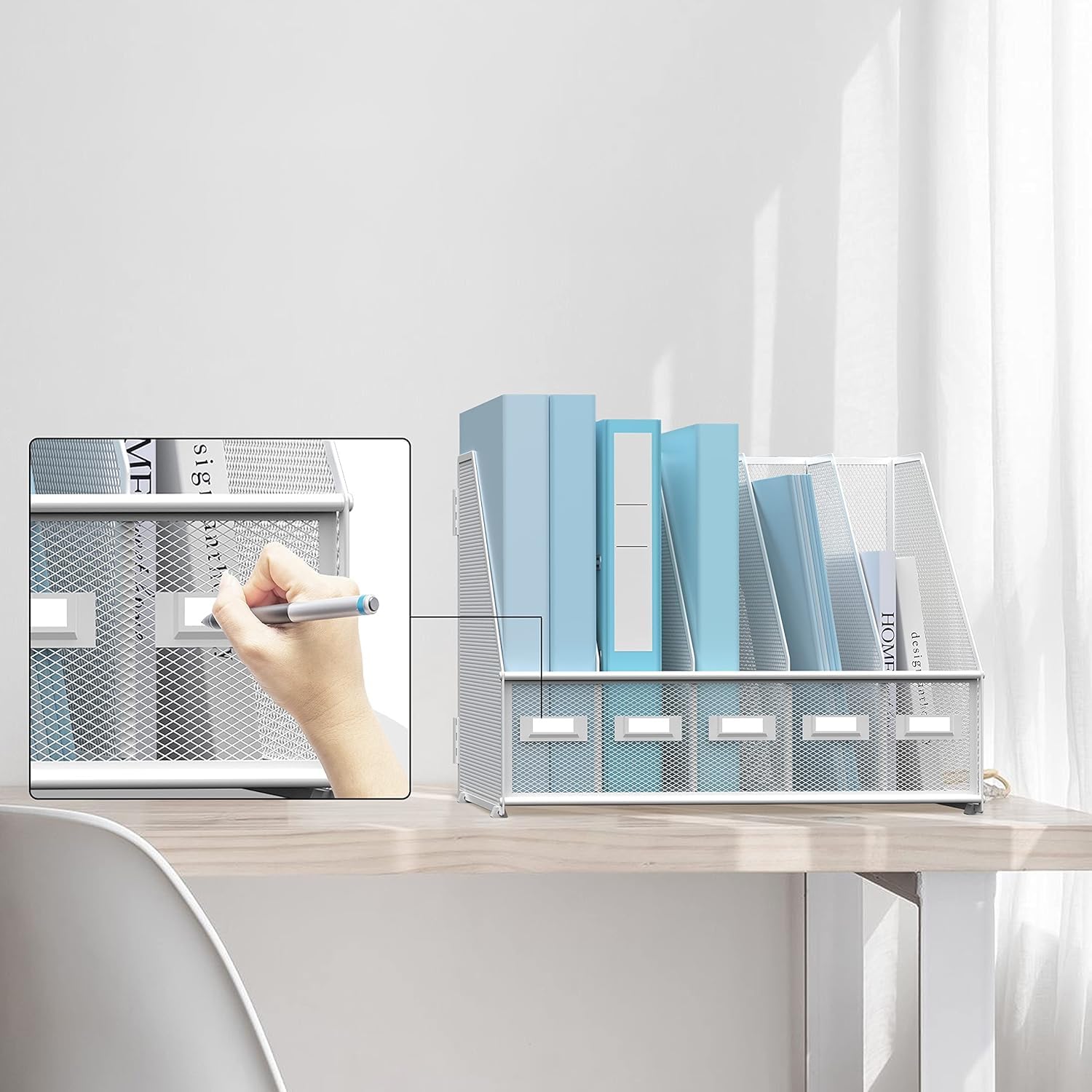 Organiseur de bureau en métal blanc 5 compartiments verticaux