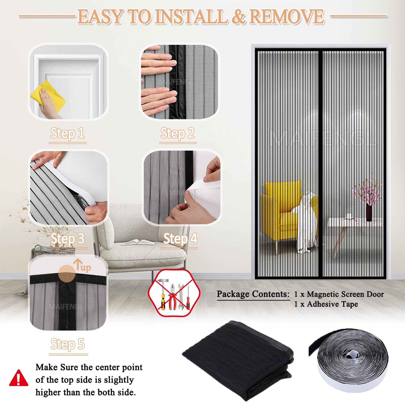 Flycn zijopening muggennet, 205x225 cm Vliegengaas, magnetisch, voor deur, balkondeur, insectenbescherming, vliegengordijn voor terrasdeur