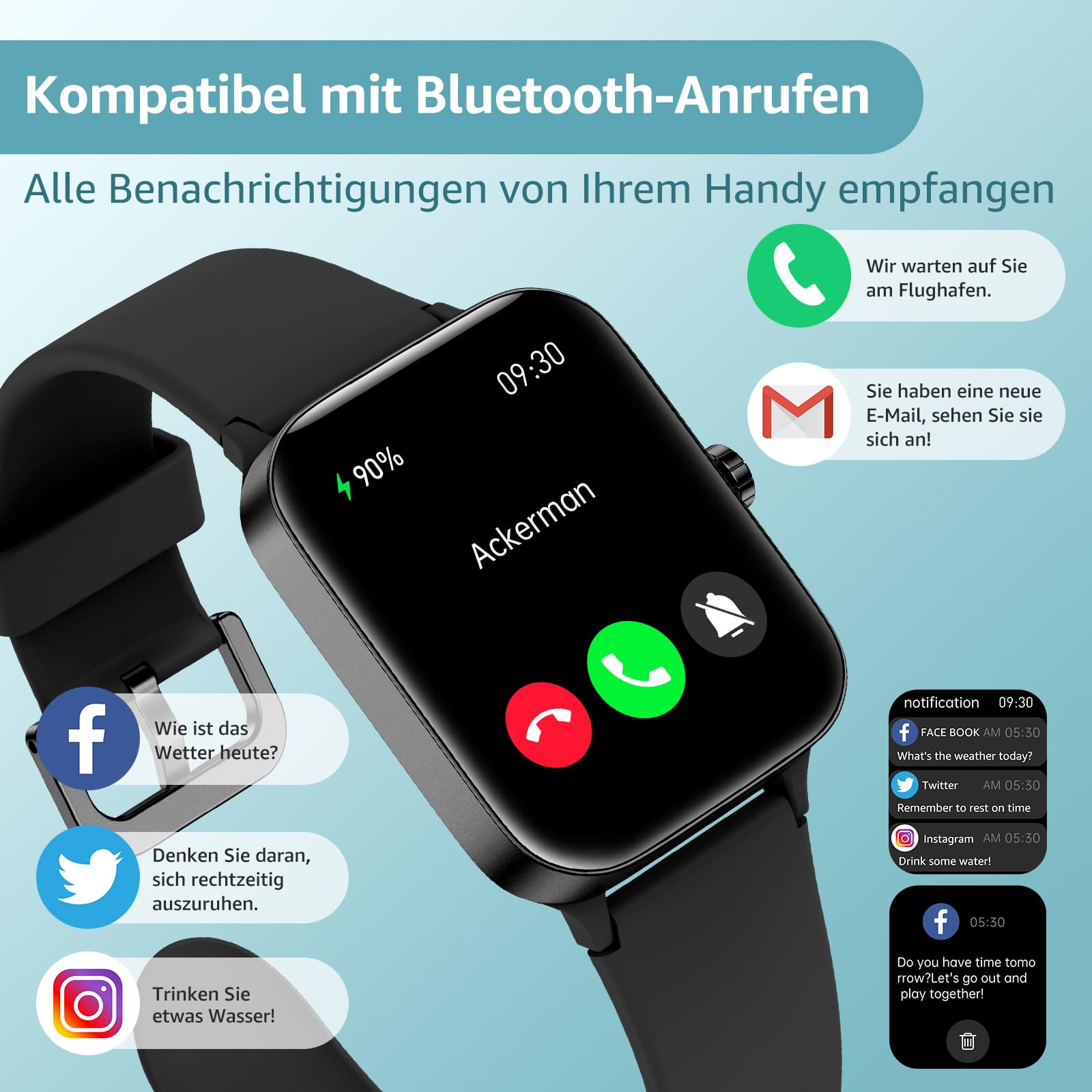 Smartwatch Damen Herren 1.95 Zoll Touchscreen Smart Watch Telefonfunktion 140+ Sportmodus Wasserdichter Fitness Tracker Schlafüberwachung Herzfrequenz Android iOS