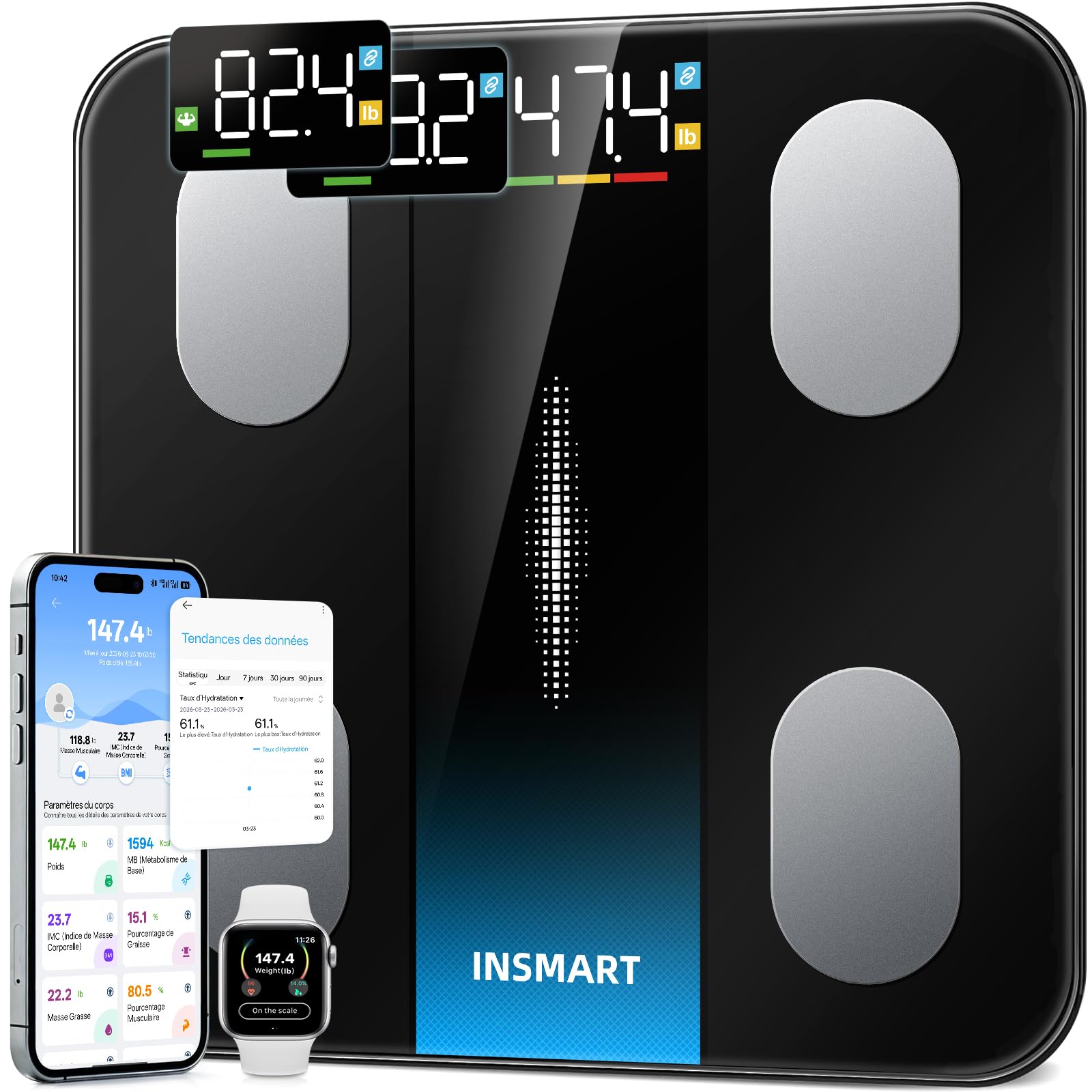 INSMART Pese Personne Intelligent, Balance Pese Personnes Haute Hrécision avec Grand Écran, Balance Connectée 16 Mesures Corporelles, IMC, Pourcentage de graisse Synchronisation APP, 400lb, Noir