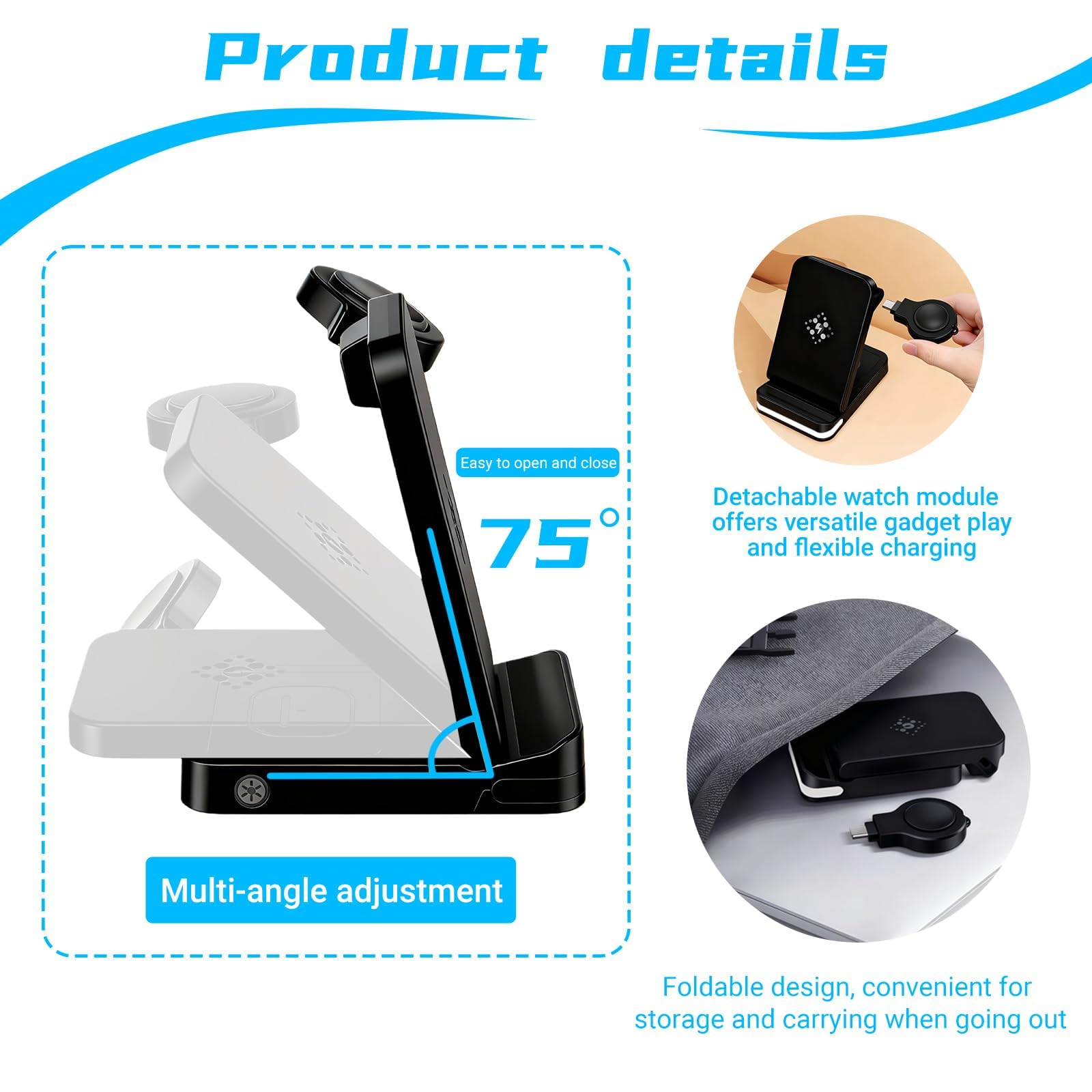 Cargador Inalámbrico Plegable para Samsung 3 en 1, Estación de Carga para Galaxy S25/S24/S23/S22, Watch 7/6/5/4/3,Soporte para Reloj, 15 W, Negro