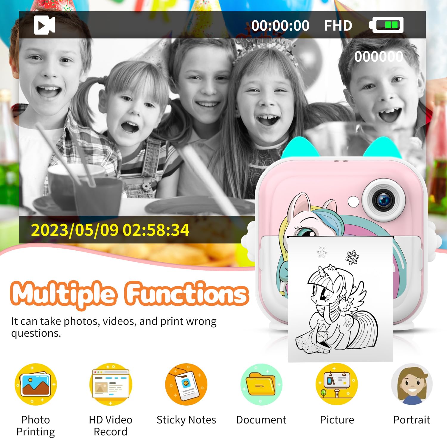 Kinderkamera Sofortbildkamera, 2,4" Display Digitalkamera & Videokamera für Kinder mit 3 Rollen Thermopapier & 32G Karte, Geschenke für Jungen und Mädchen 6+ Jahre