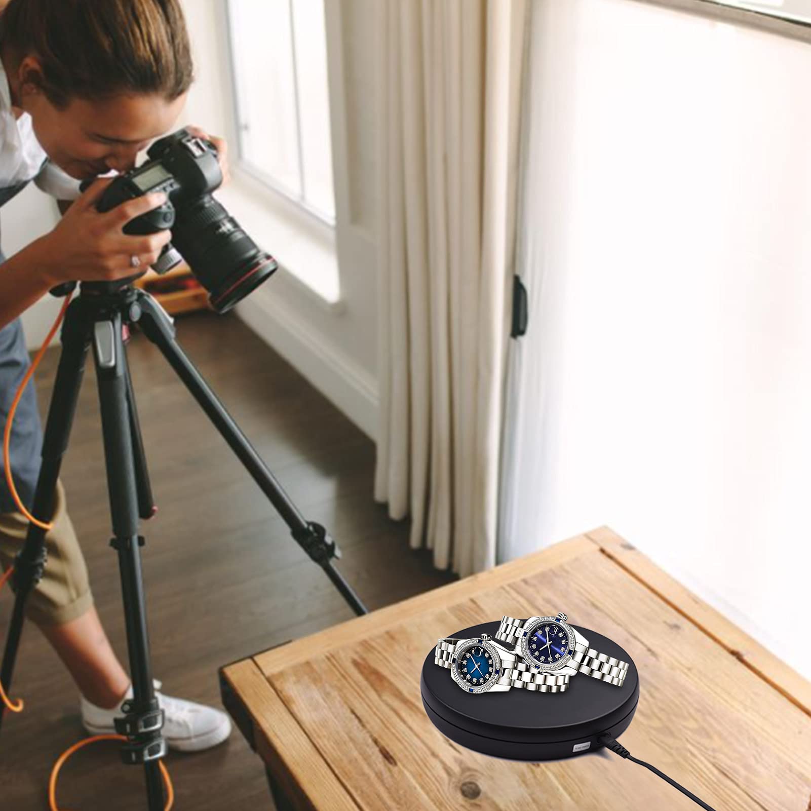 Piatto girevole elettrico, Andoer Piatto girevole elettrico con rotazione a 360 gradi e luce LED per esposizione di gioielli, negozio, fotografia, torta nuziale (Nero)