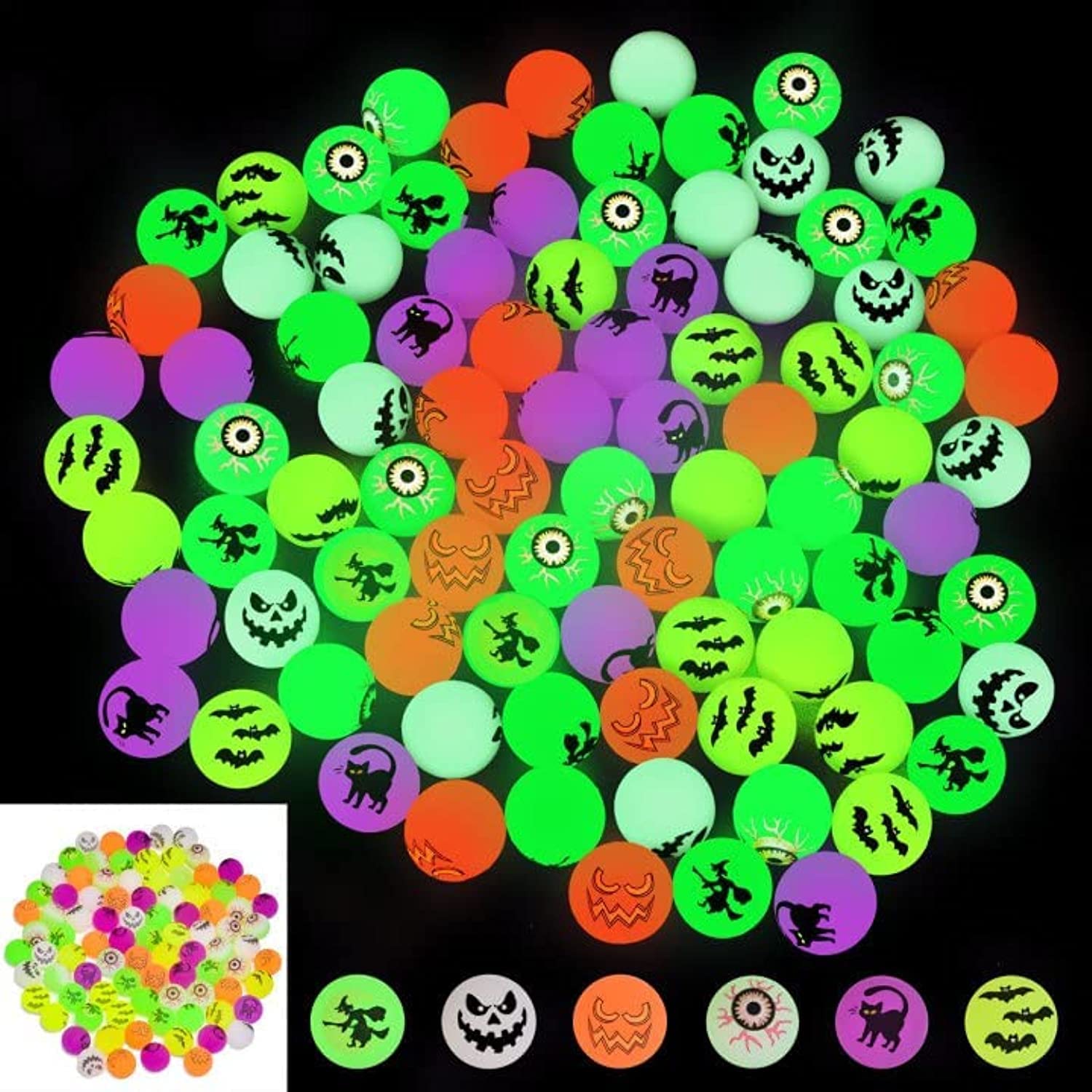 Excefore Bouncy Balls, Rubber Balls for Kids, 6 Designs Bouncy Balls for Kids, 36 PCs Halloween Glow in The Dark Bouncing Balls, Goodie Bag Fillers, Party Favor School Prizes Classroom Game Rewards