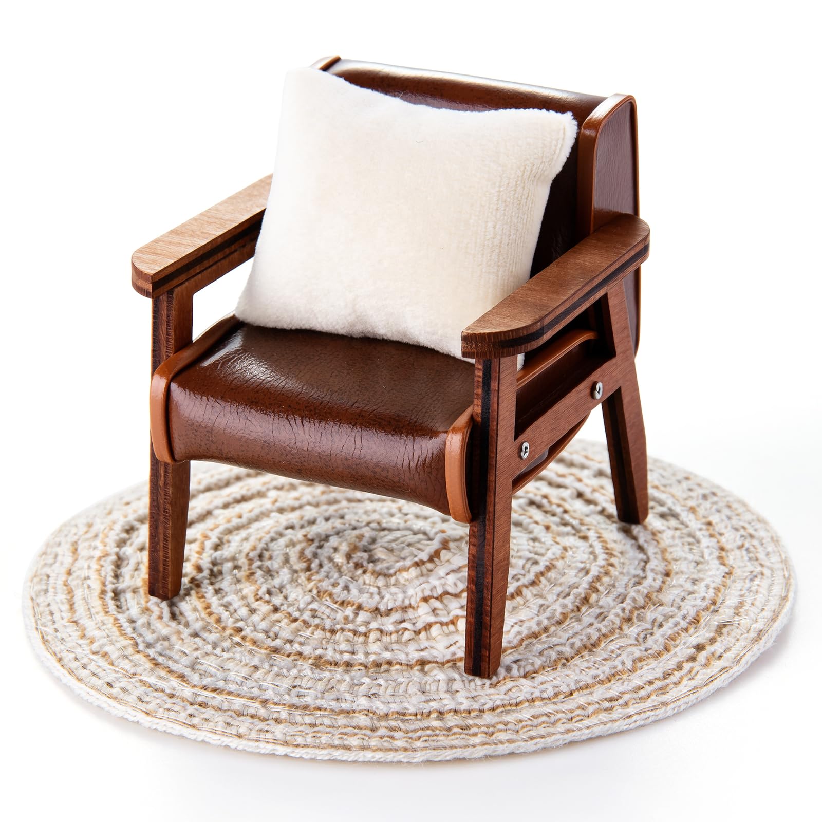 Minamzee 1:12 Puppenhaus-Couch-Möbel-Set, 3-teiliges Puppenhaus-Wohnzimmer-Set, Holz- und Ledersessel, weißes Kissen und beige runde Decke, Zubehörmöbel für Wohnzimmer, Schlafzimmer