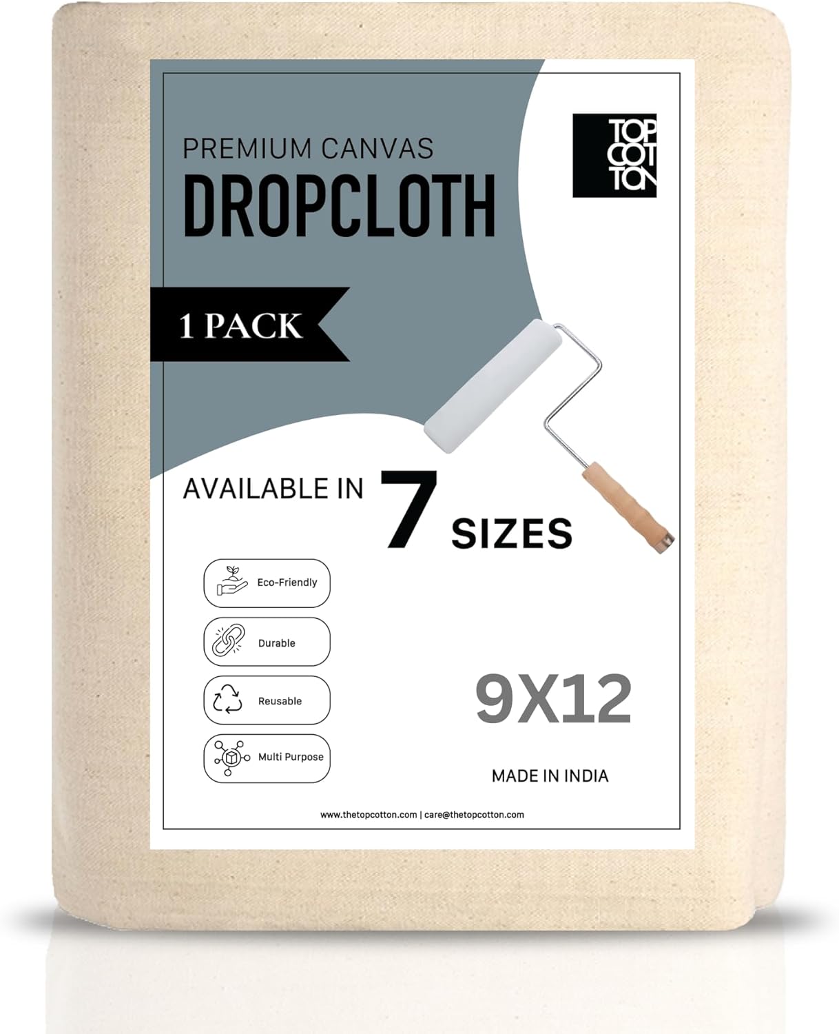 Top Cotton Canvas Drop Cloth, Pack of 2 Reusable Paint Drop Cloth, 100% Recycled Cotton, All Purpose Painters Drop Cloth, Cotton Canvas Tarp Cover for Painter Furniture & Floor Protection (6X9FT)