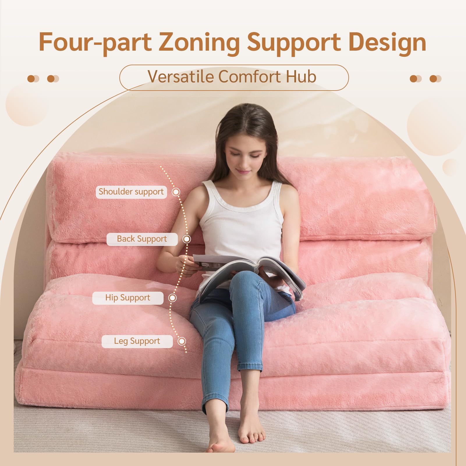MAXYOYO Cama Puf, Sofá Cama Plegable, Colchón de Suelo Extra Grueso Plegable 6 veces, Sofá de Suelo Dormitorio Salón (Rosa, 100 x 240 cm)