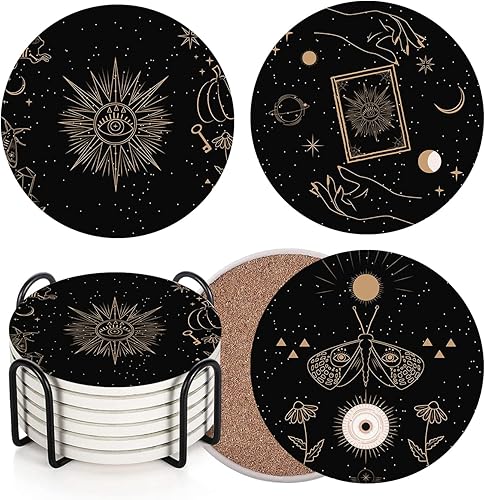 Miniatura 8 de Britimes Juego de 6 posavasos de mesa para bebidas, diseño de flores para mujer, estilo bohemio, absorbente, de cerámica, con base de corcho y