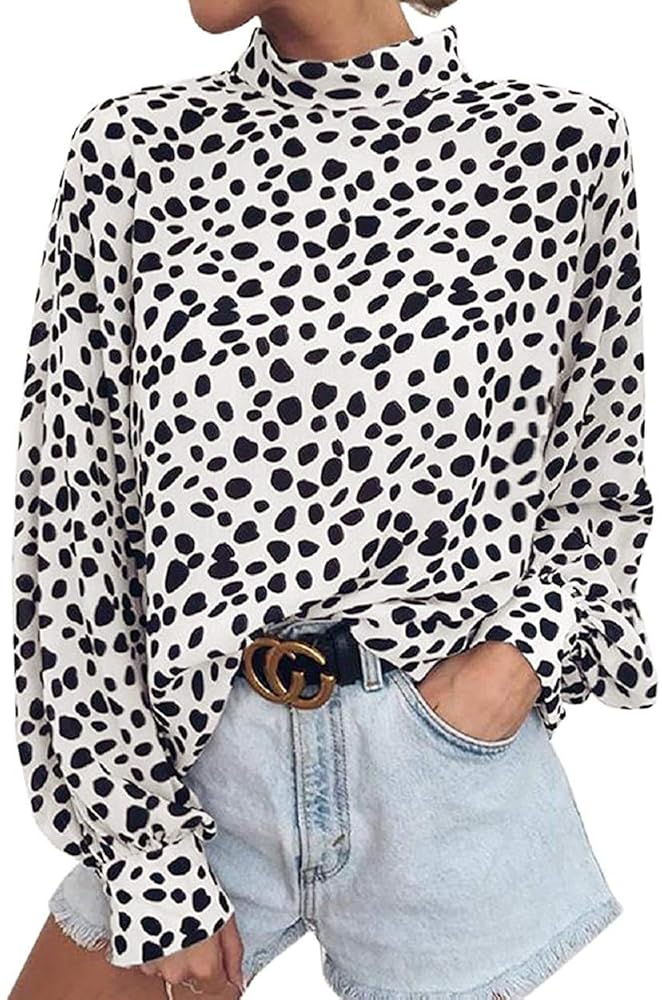 Valphsio Women Polka Dots Print Blouse Shirts Stand Collar