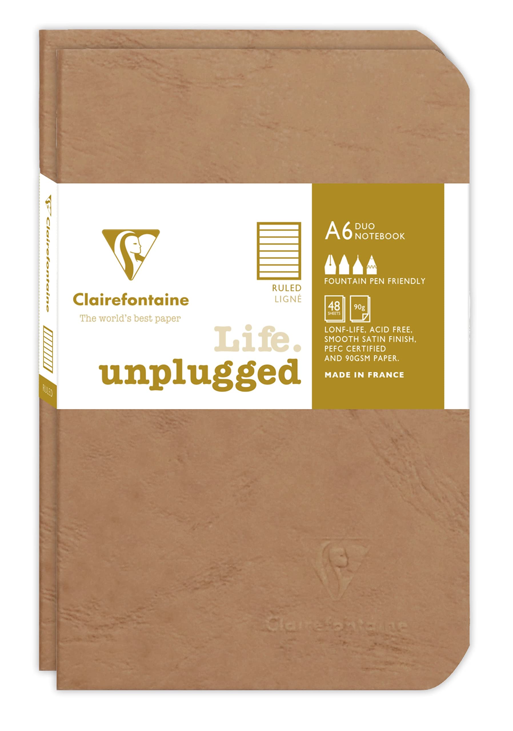Clairefontaine 734176C Collection Age Bag Set of 2 Tobacco Duo Stapled Notebooks - 9x14 cm - 96 lined pages - 90 g white paper - leather grain cardboard cover