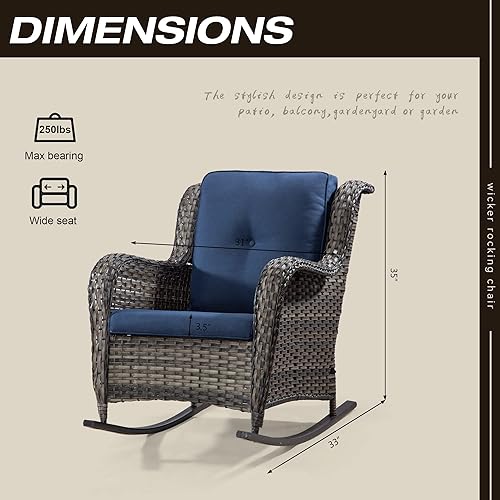 Miniatura 2 de Mecedora de mimbre para patio al aire libre, muebles de mimbre para todo tipo de clima con marco de acero de aleación y cojín de tela de olefina,