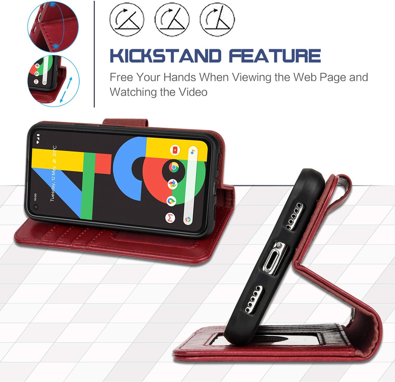 Arae Case for Google Pixel 4A PU Leather Wallet Case Cover [Stand Feature] with Wrist Strap and [4-Slots] ID&Credit Cards Pocket for Google Pixel 4A - Wine Red