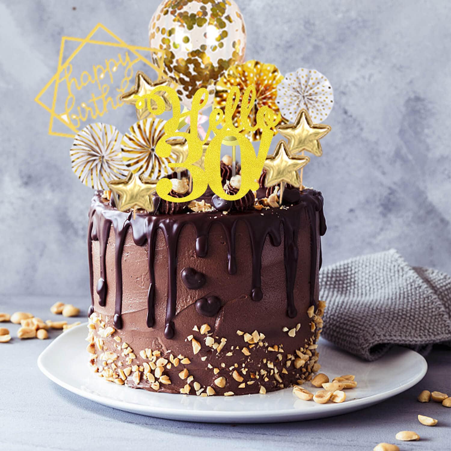 11-teilige 30. Geburtstag Tortendeko In Schwarz-Gold – Mit '30 Fabulous' Topper, Sternen & Herzen