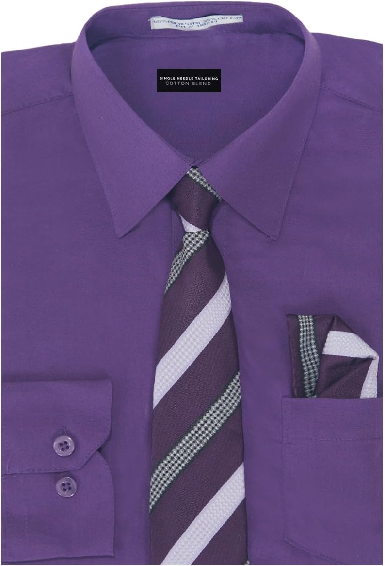 Boys Solid Color Cotton Blend Woven Long Sleeve Dress Shirt with Tie & Handkerchief