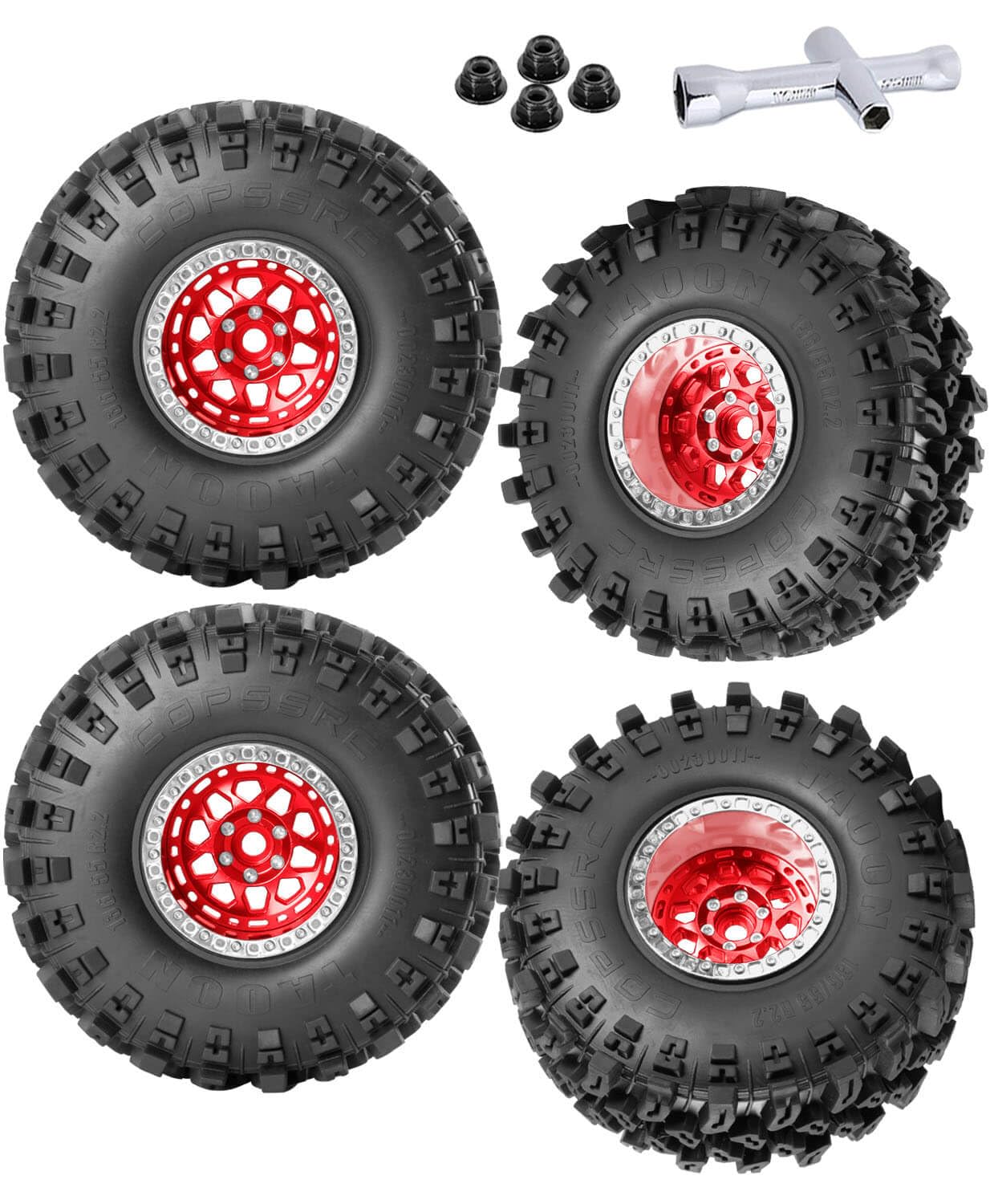 RCMYou Aluminum 2.2 Inch Beadlock Wheel Rims and Tires for 1/10 SCX10 II 90046 III AXI03007 TRX4 TRX6 VS4-10 Gen8 MST CFX D90 RC Crawler Car, Red