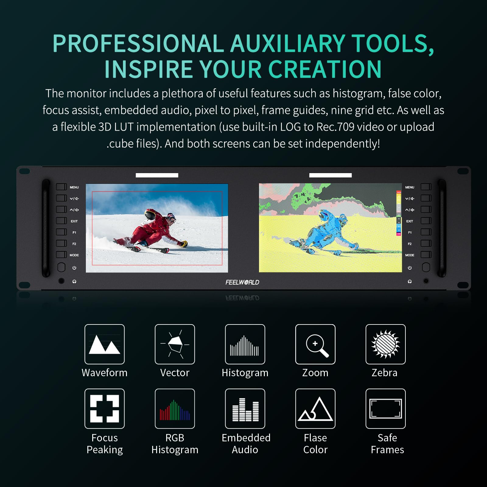 Feelworld D71 Rack Caméra Monitor Pro Broadcast Dual 7" 3RU Ultra HD 1280×800 Champ Vidéo LCD IPS Screen 800:1 Contraste élevé avec HDMI SDI AV Ethernet