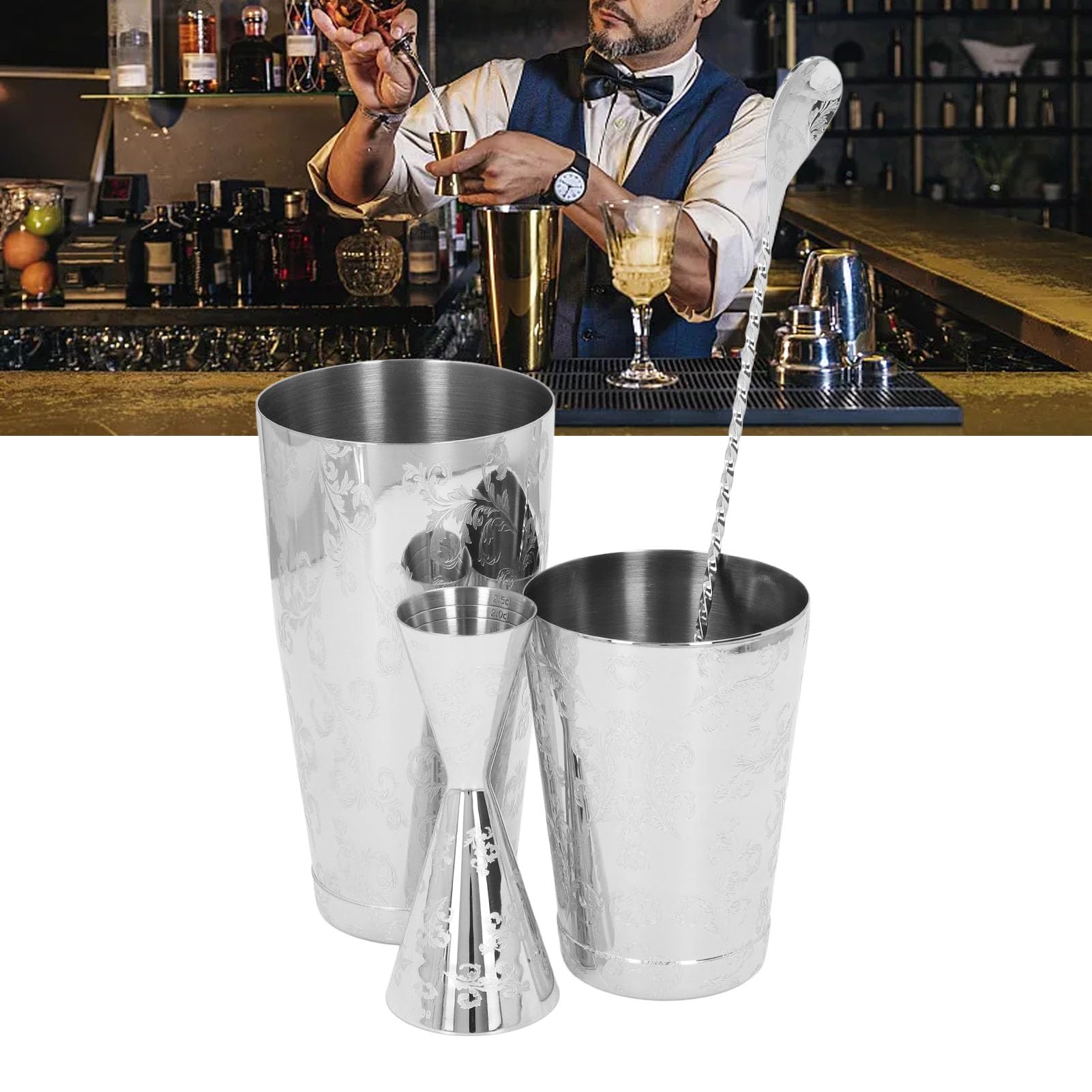 FLEXMAN Juego de Coctelera, Mezclador de Bebidas Multifuncional Profesional de Acero Inoxidable de Capacidad Media, Coctelera de Martini, Juego de Colador de Cóctel con Estampado (UNA)