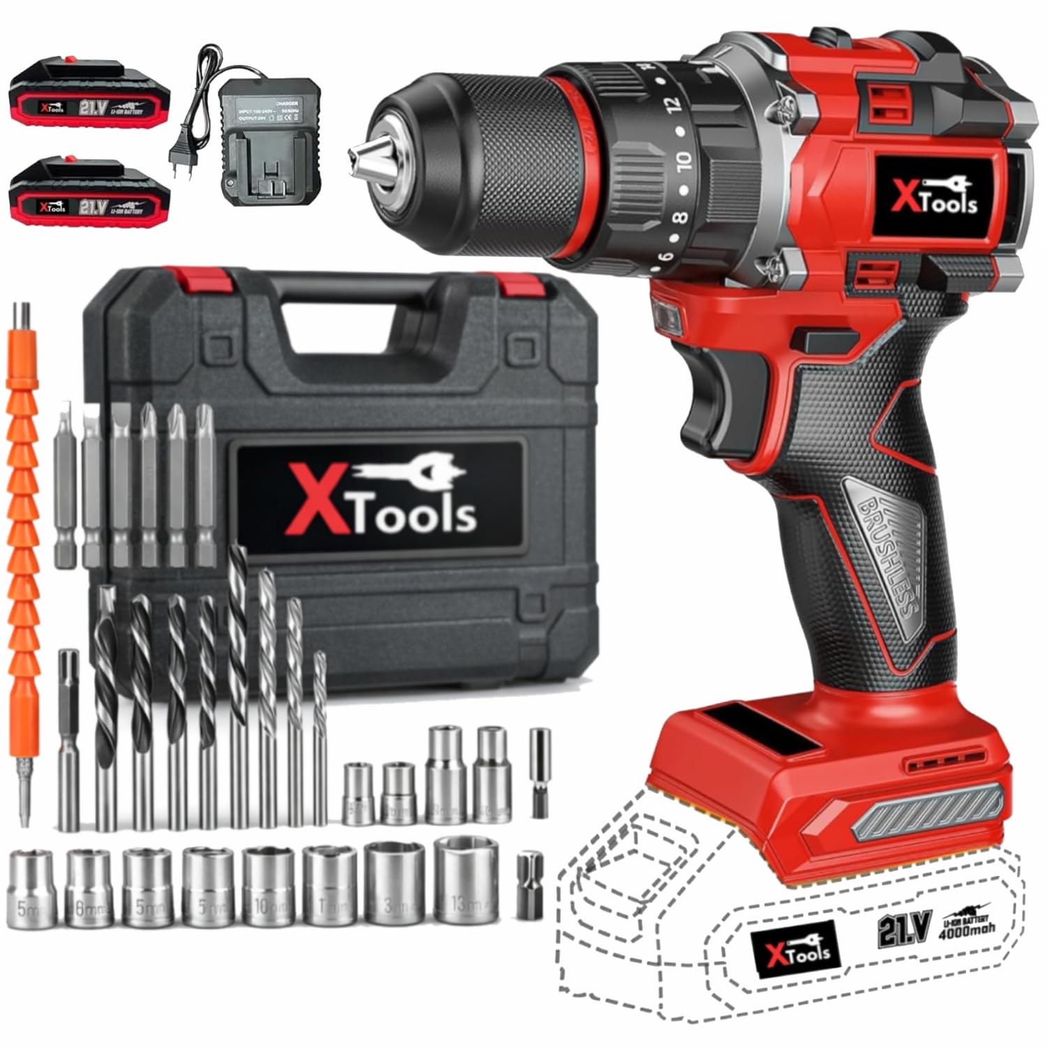 XTOOLS 21V Cordless Impact Drill | 2-Speed Brushless Motor | 10mm Metal Chuck, LED Light | Heavy-Duty for Wood, Brick & Metal | Includes 2 Batteries & Charger-image-8