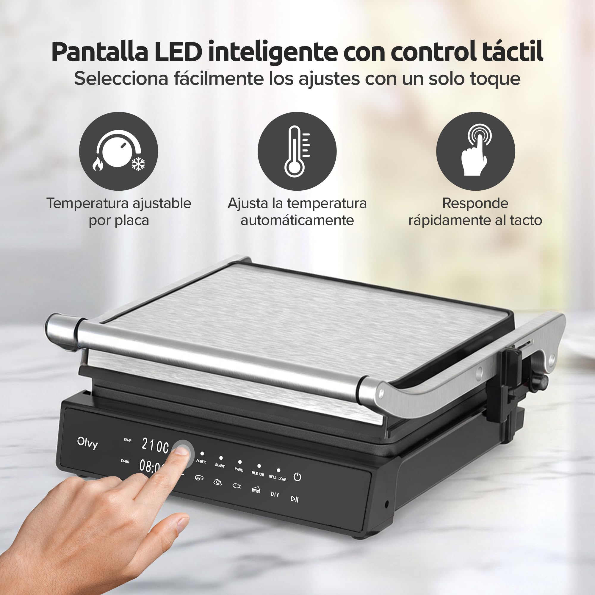 Olvy Kontaktgrill – Parrilla Eléctrica 5 Programas Automáticos – 180° Apertura – 2000 W – Placas Antiadherentes Desmontables – Termostato y Temporizador – Panini, Sandwich, Steak, Verduras