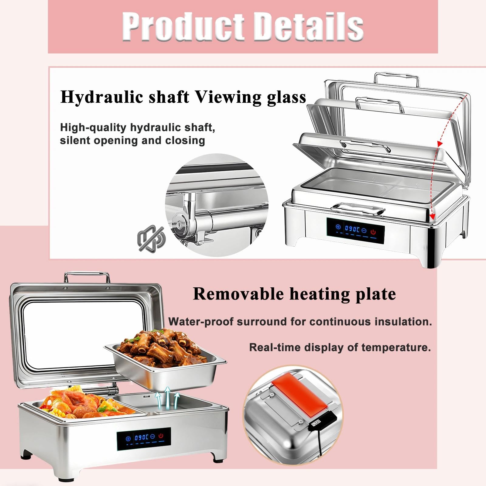Chafing Dish Elettrico, 9L Scaldavivande Elettrico Acciaio Inox, Professionale Chafing Dish Buffet Elettrico Temperatura Regolabile con Coperchio Visibile per Hotel, 400W(1/3)