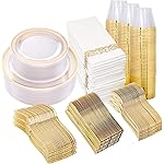 I00000 50 Guests Clear Gold Plastic Plates, Gold Disposable Dinnerware Set Includes: 100 Plastic Plates, 50 Silverware Set, 50 Disposable Cups, 50 Napkins Perfect for Party & Wedding