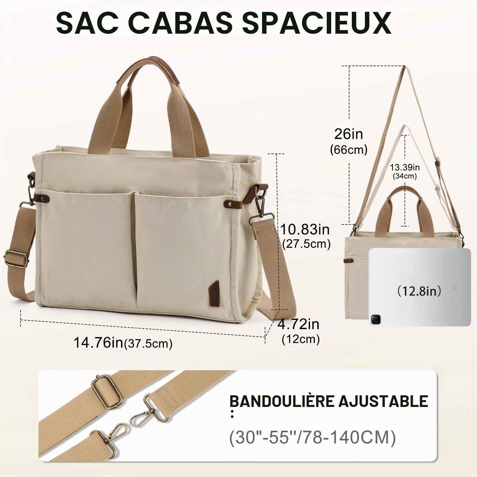 VASCHY Sac Cabas Femme en Toile, à Fermeture Zippée, Multi-poches, Bandoulière Amovible et Réglable