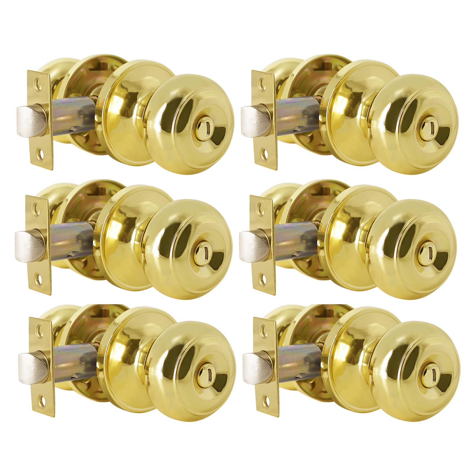 Probrico Polished Brass Privacy Interior Door Knobs Bed and Bath Keyless Door Locksets, 6 Pack
