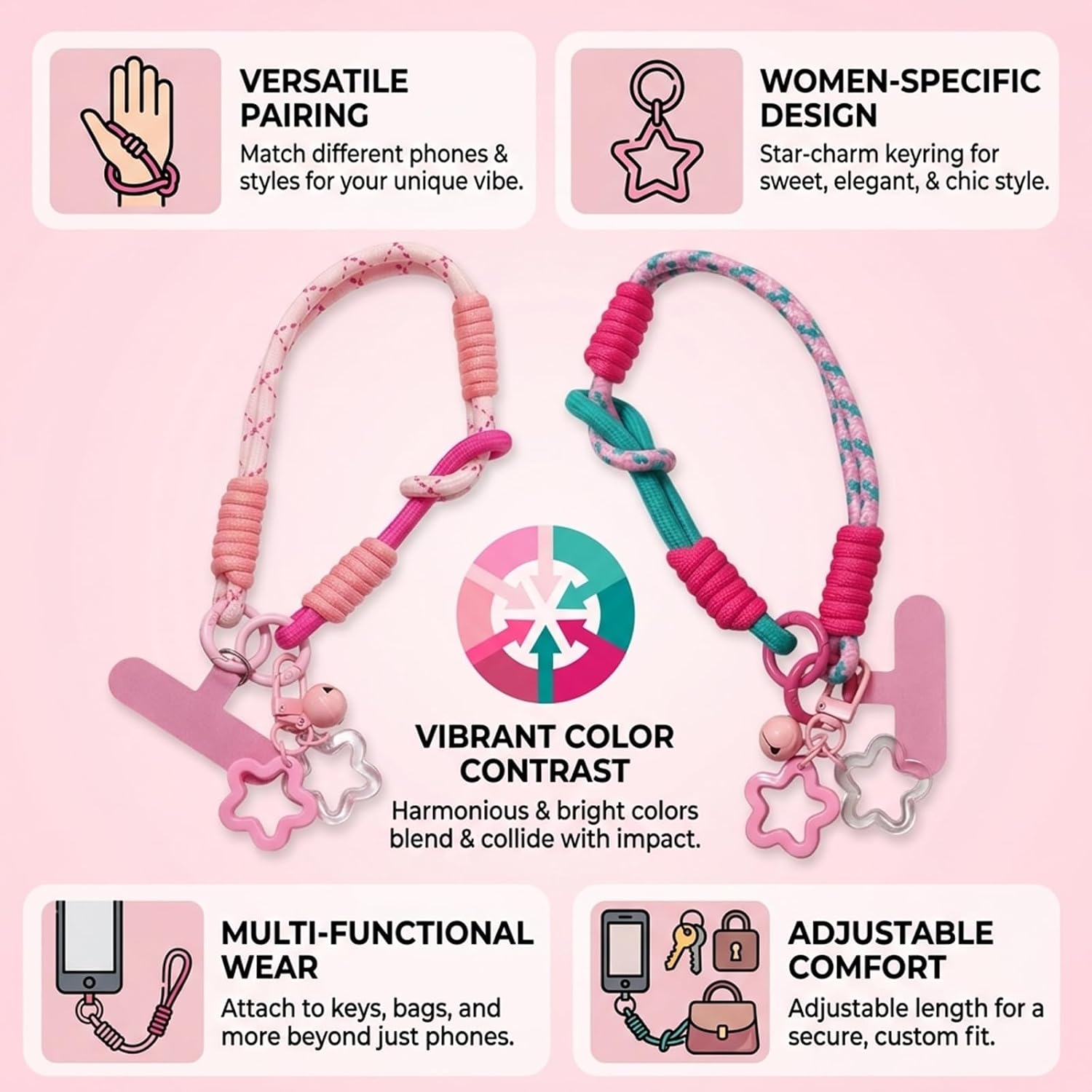2PCS Cute Wrist Strap Lanyard Pink and Rose Red Star Pendant Braided Phone Wrist Strap Adjustable Color Blocking Phone Wrist Strap for Cellphone Case Camera Purse Bag image 3