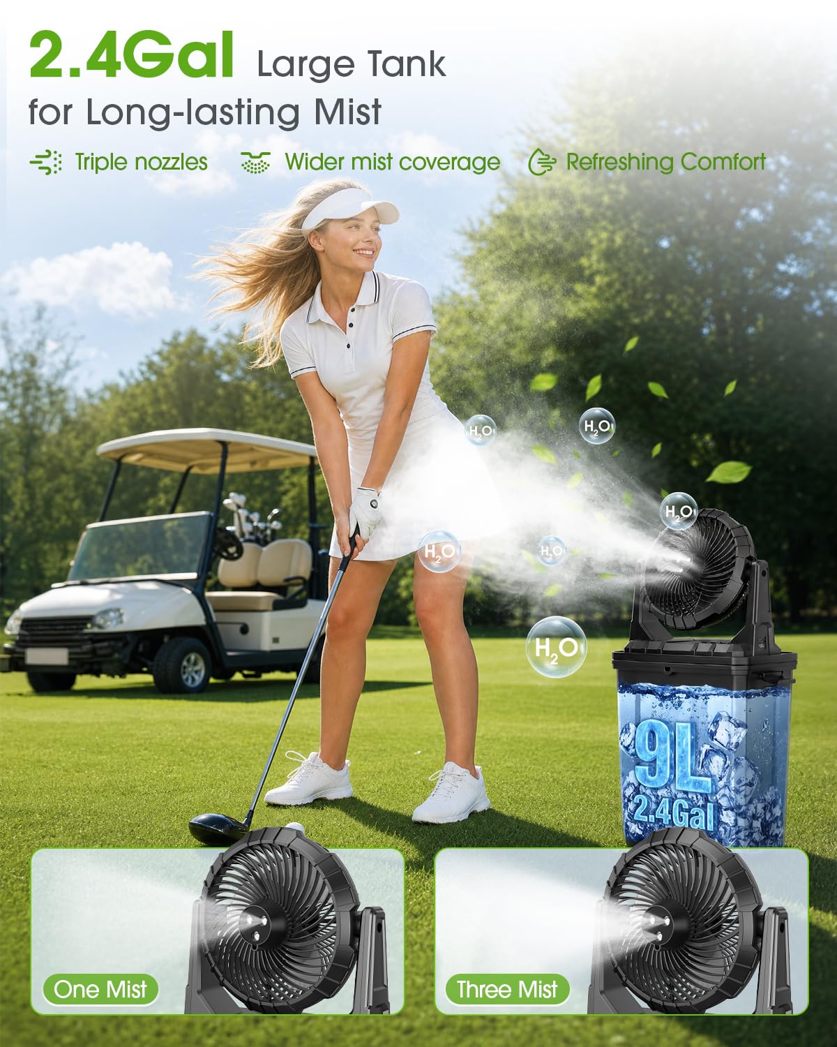 Ausic Ventilador de nebulización portátil oscilante de 10 pulgadas y 9 L mejorado con luz, [máximo 55 horas] Ventilador de carrito de golf para patios exteriores, ventilador de refrigeración de agua