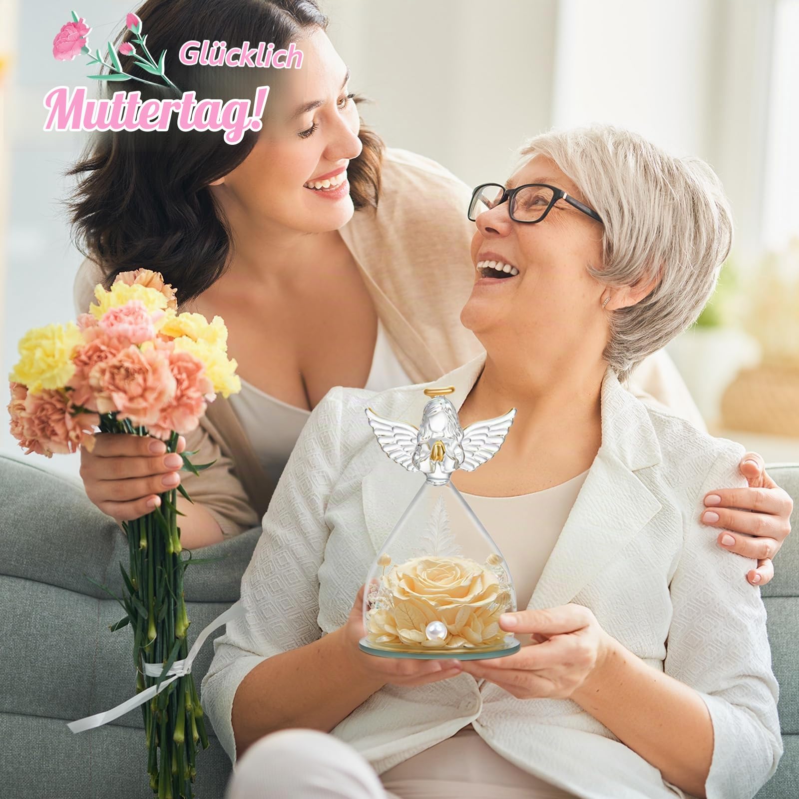 Ewige Rosen-Engel Figur mit Glasglocke, Geschenk Valentinstag für Frauen, Mama, Freundin, Echte haltbare Rose Hält 3-5 Jahre, Geschenk für Weihnachten Valentinstag Geburtstag (Champagner)