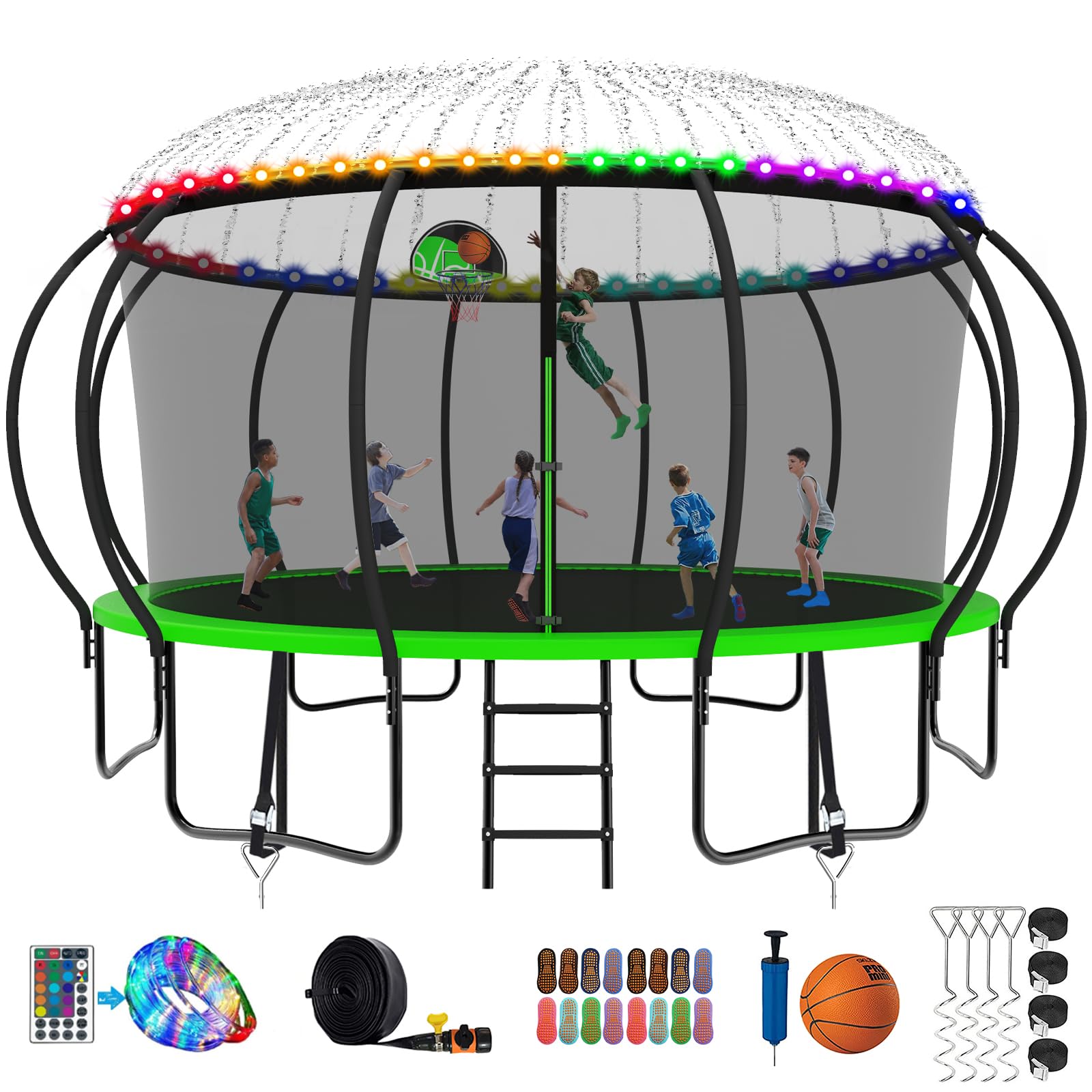 SKYUP 2026 Upgraded 8 10 12 14 15 16 FT 1500lbs Tranpoline for Kids and Adults with Light+Sprinkler+Socks, Recreational Tranpoline with Basketball