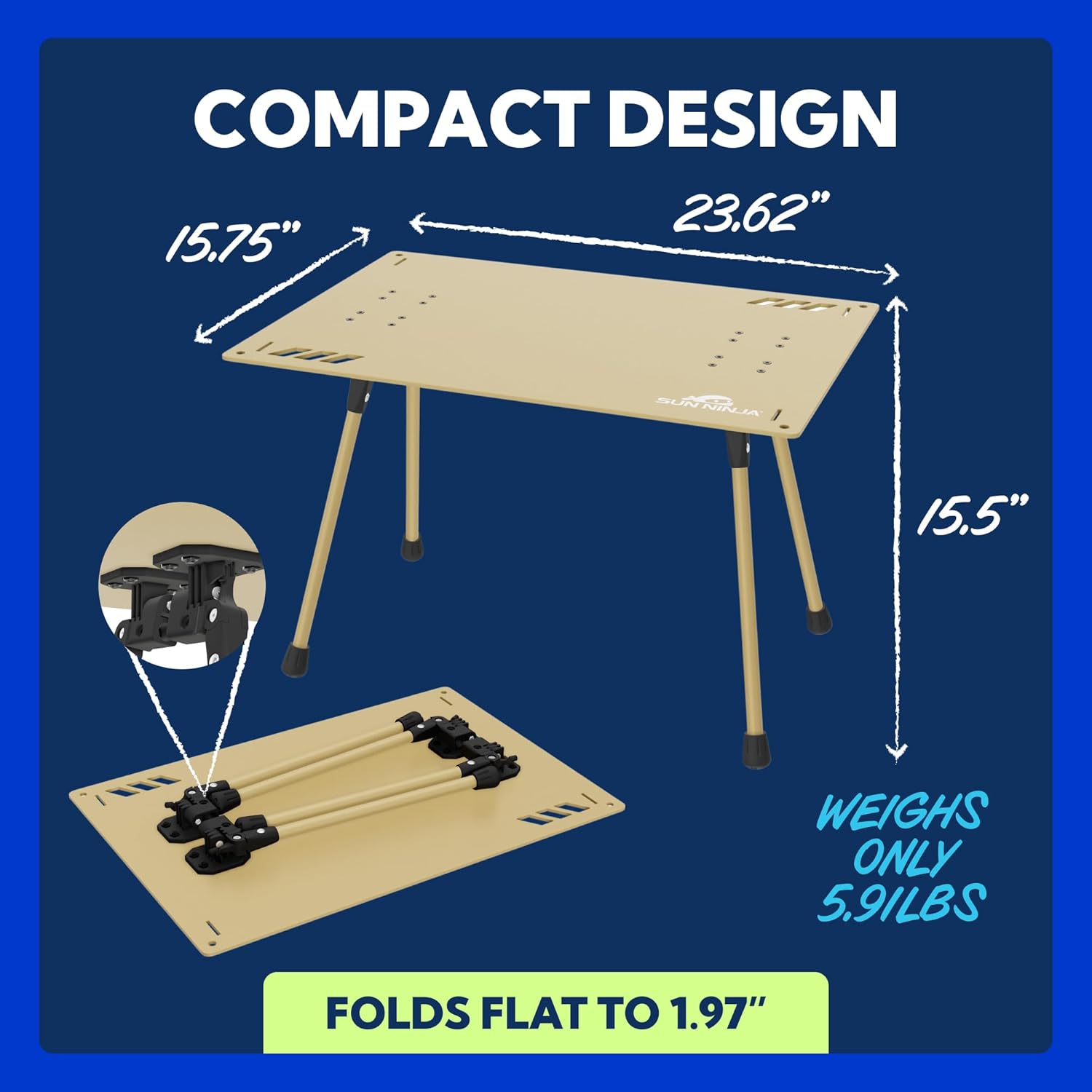 SUN NINJA Beach Table – Lightweight Mini Folding Table with Carry Case, Small Camping Table for Beach, Camping, and Picnics – Portable Picnic Table with Durable Aluminum Top, Non-Slip Feet