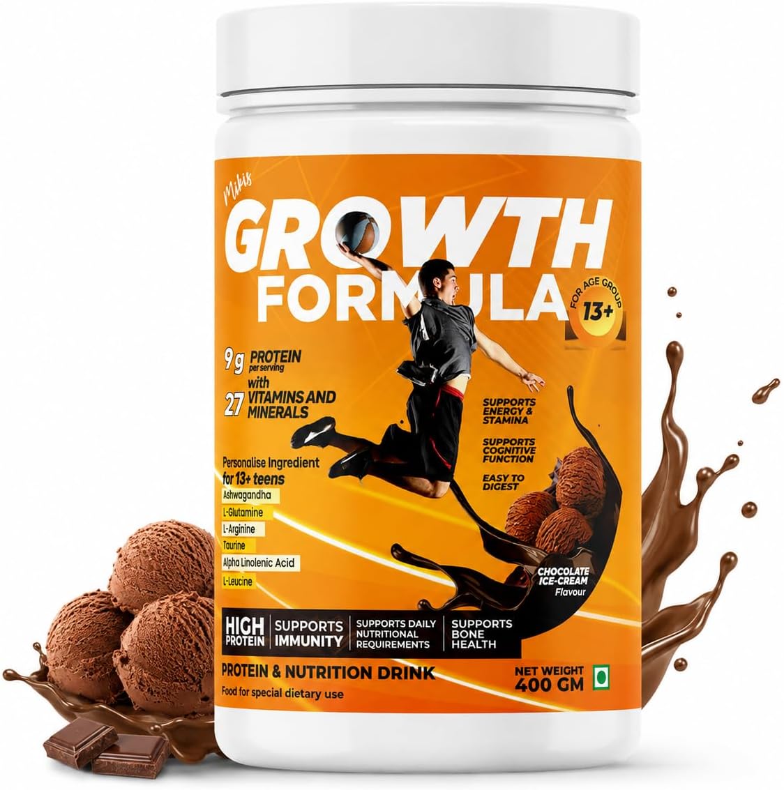 Growth Formula Teen Nutrition Drink Powder for 13+ Years, 400g | 9g Protein per Serving | 27 Vitamins & Minerals | Chocolate Ice Cream Flavour