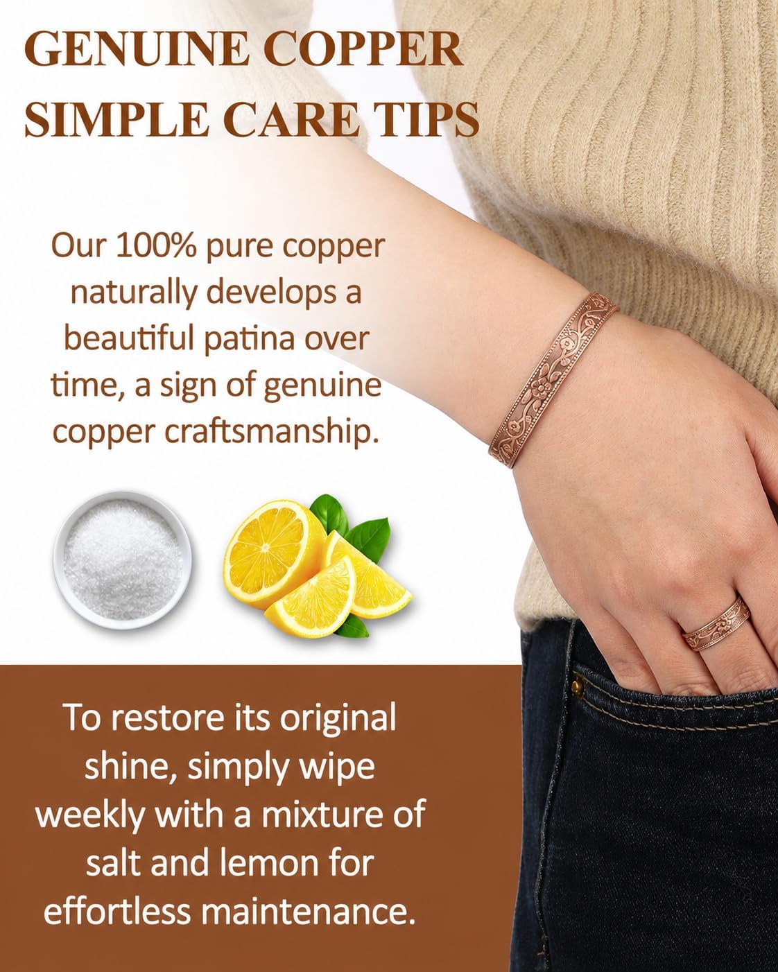 Pure Copper Bracelet and Ring Set – Copper Bracelet for Men & Women – 100% Solid, Raw & Uncoated Handmade Hammered Tibetan Cuff Bangle