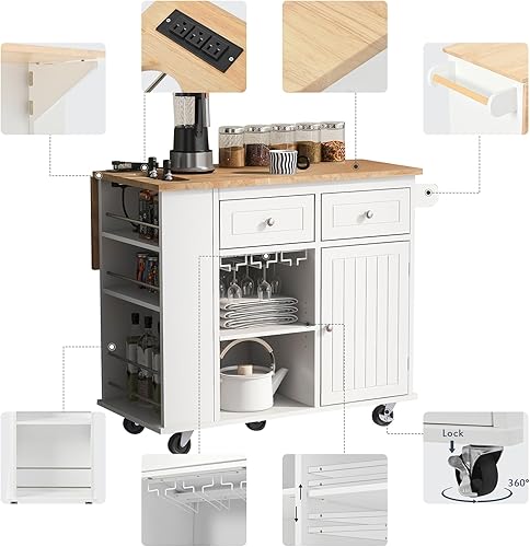 Miniatura 5 de Carrito de cocina con toma de corriente, isla de almacenamiento de cocina con hoja de madera de goma, almacenamiento abierto y estante para vino, 5