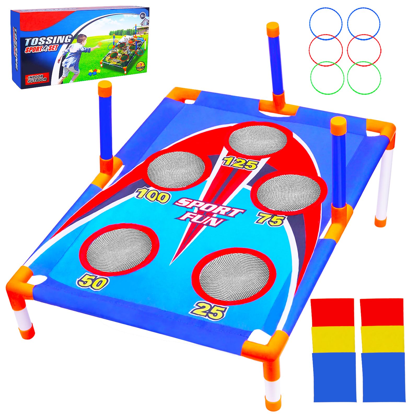 Bean Bag Toss Game for Kids, Kids Cornhole,with 6 Sandbags 6 Rings,Suitable for Children Aged 3-8,Portable Indoor and Outdoor Bean Bag Toss Game Set Gift