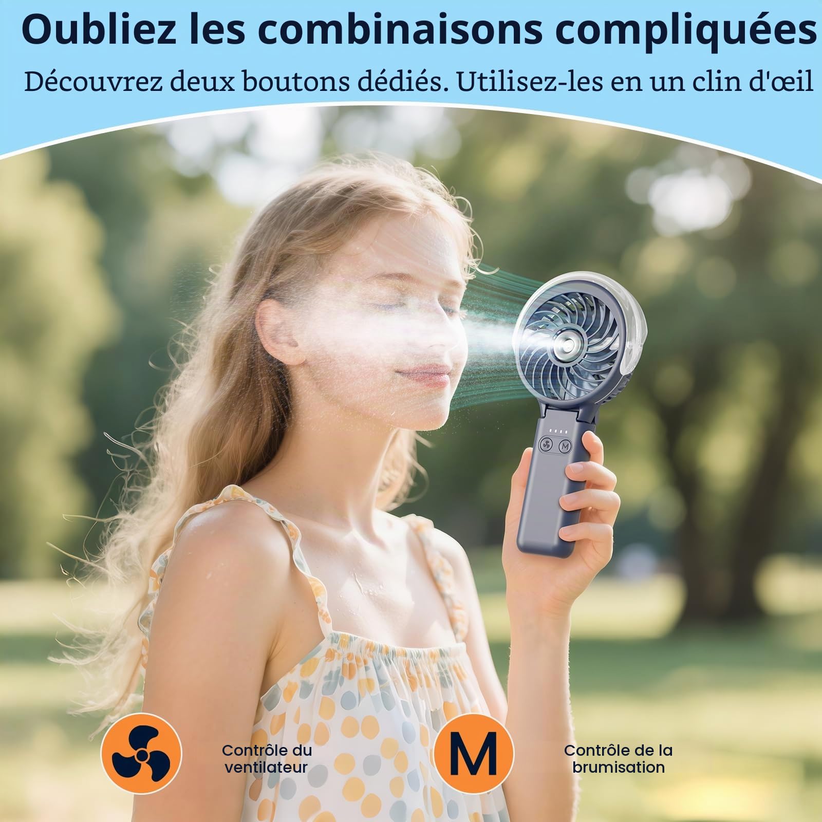 HandFan Ventilateur brumisateur portatif 5200 mAh avec batterie externe, réservoir d'eau de 34 ml, ventilateur personnel rechargeable, mini ventilateurs électriques à main pour la plage, les voyages