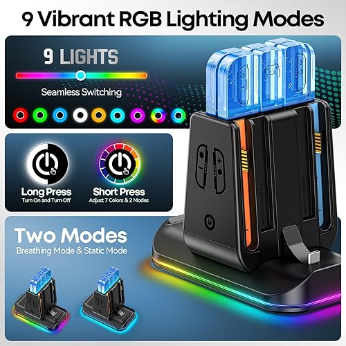 Miniatura 4 de Cargador de controlador Switch 2 y 1, base de carga 2 en 1 para Switch 2025/OLED/Joycons originales, estación de carga rápida con 9 modos RGB